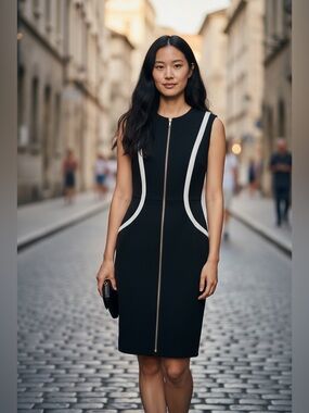 Calvin Klein Black Midi Sheath Dress with White Piping